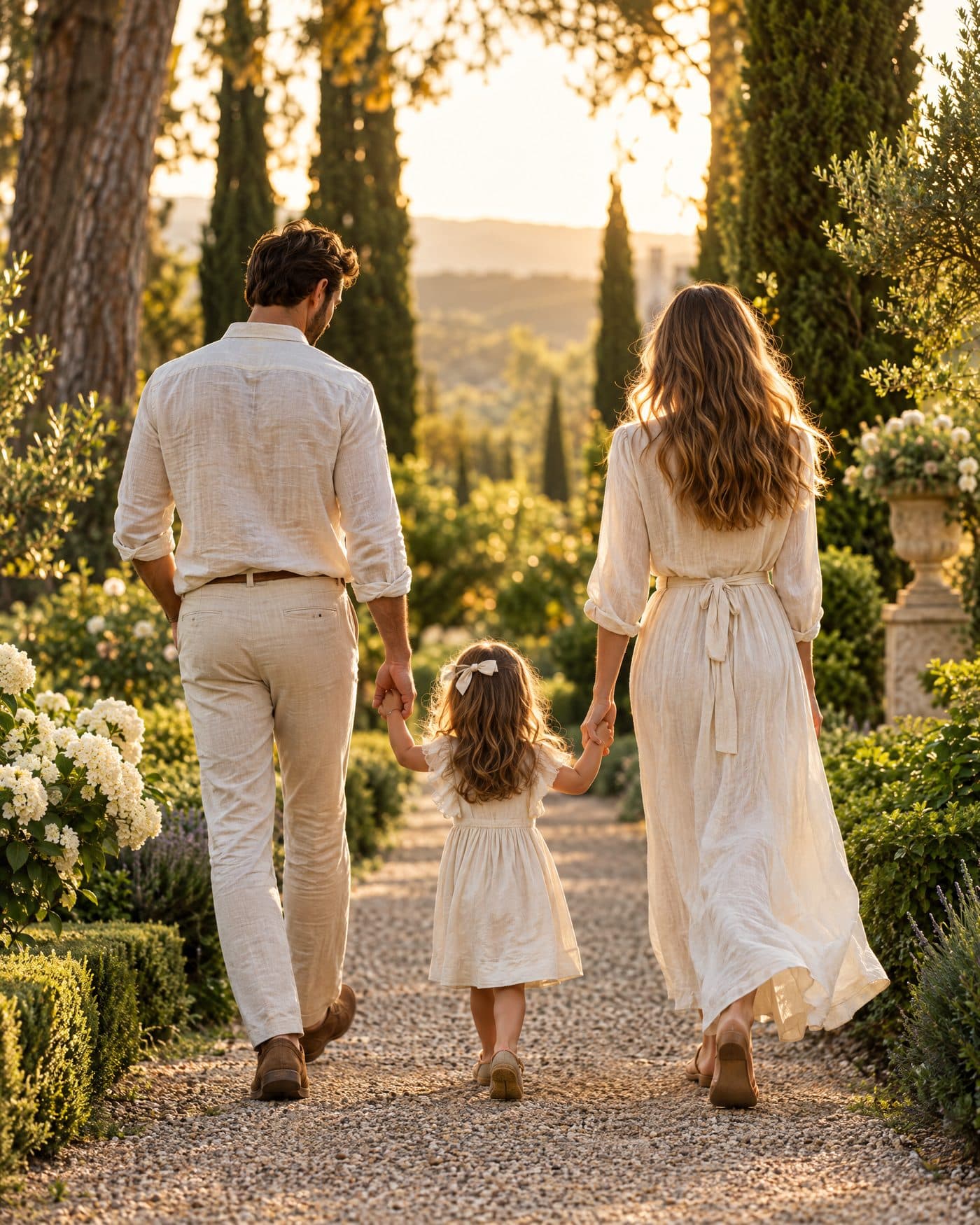 Pai, mãe e filha de mãos dadas caminhando num jardim ao entardecer