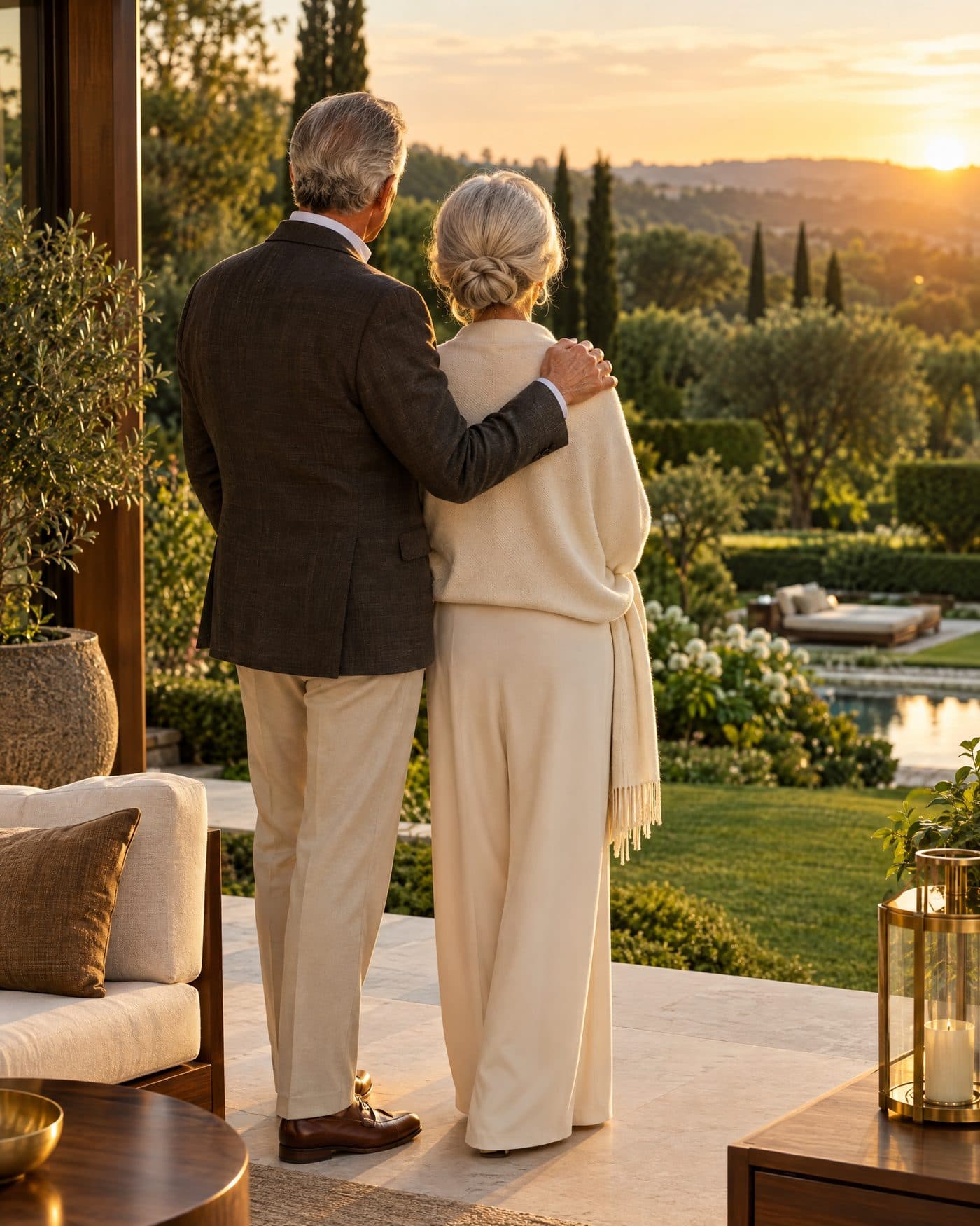 Casal de idosos elegantes, de costas, olhando o jardim ao pôr do sol
